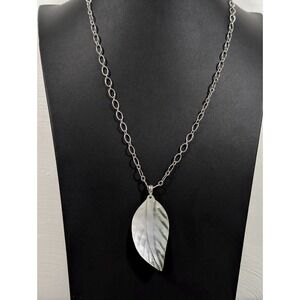 Cookie Lee Abalone Shell Leaf Pendant Long Silver Tone Chain Necklace 24 in